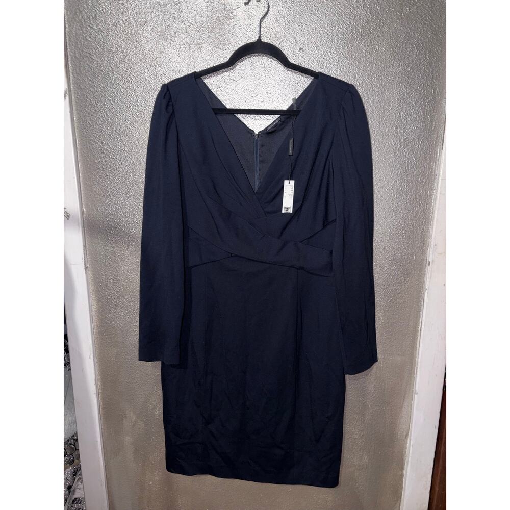 Elie Tahari Zoe Stargazer Dress 12 Navy Ruched V Neck Long Sleeve Sheath NWT - Picture 7 of 11